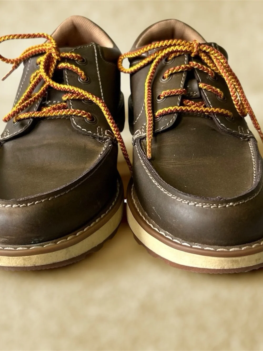 Earth Spirit Brown Boat Shoes with Yellow-Orange Braided Laces